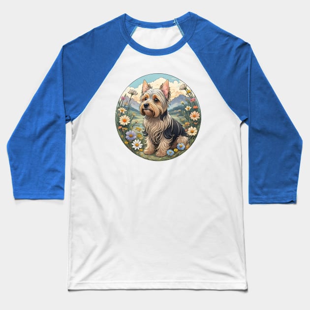 Yorkie Spring Flowers Baseball T-Shirt by Pet And Petal